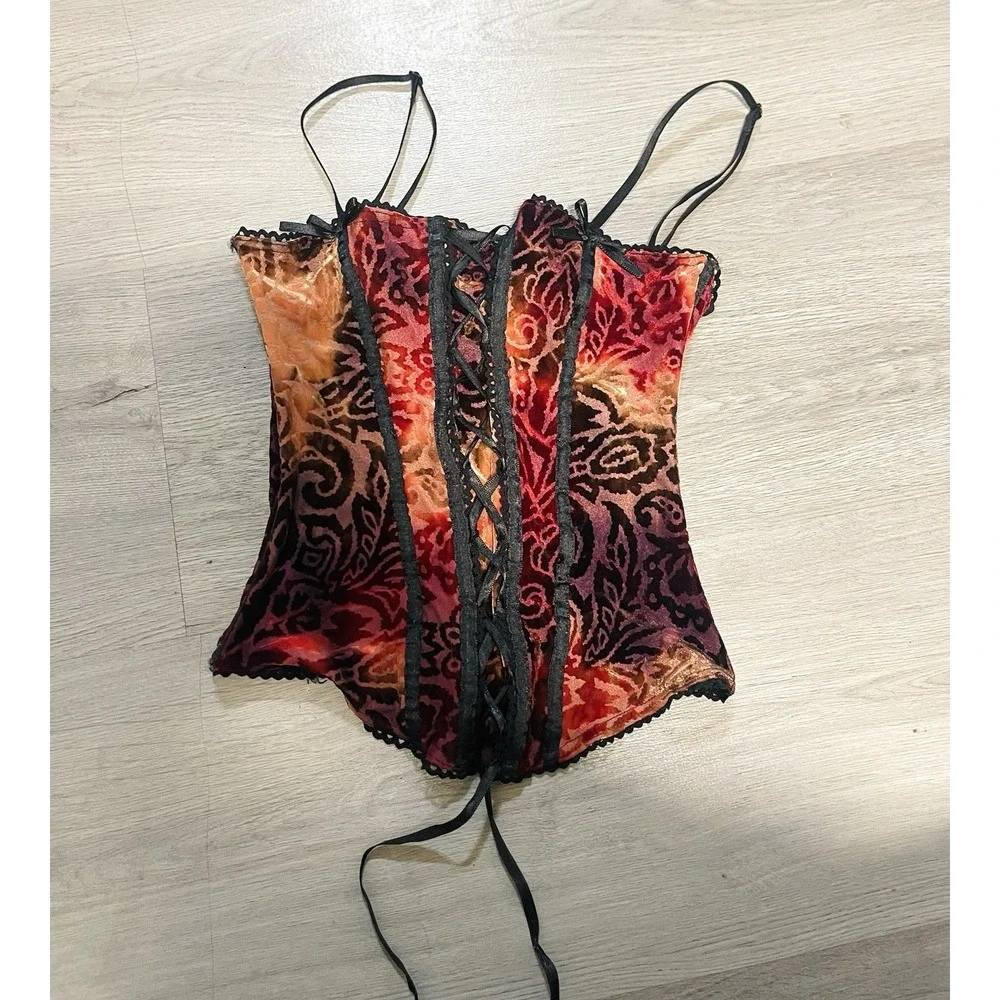 Y2K Red Velvet Burnout Lace-Up Corset Top Goth Fairy Grunge Bustier Cami M RARE - Picture 1 of 3